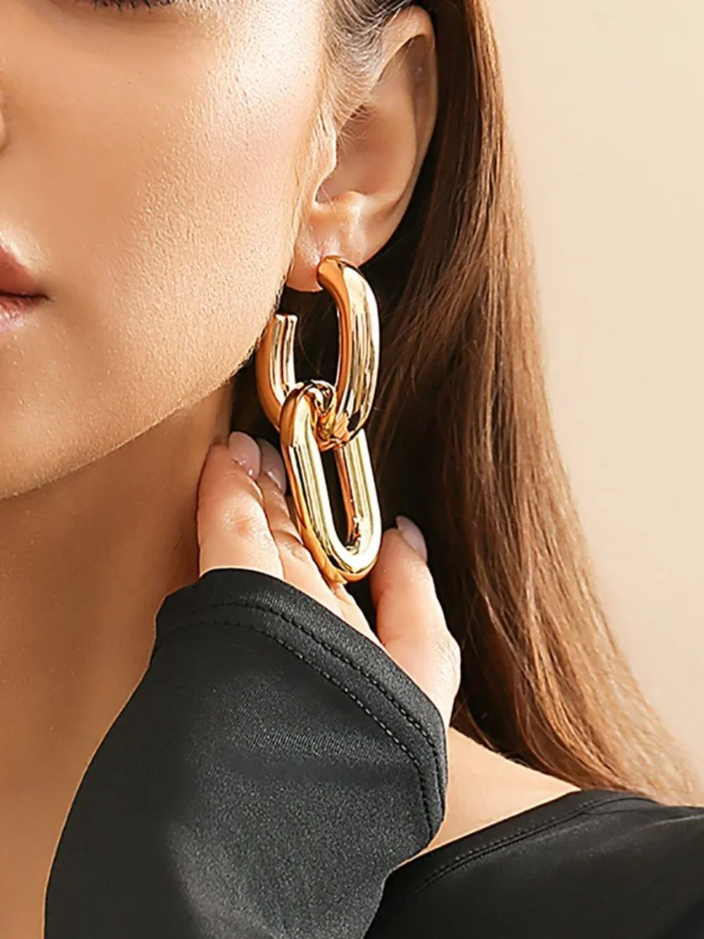 LoreVibe Chunky Double Link Chain Drop Earrings Polished Gold Tone Rectangle Int